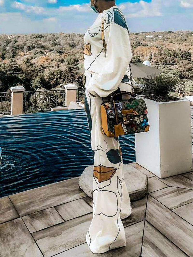 Chic Two-Piece Women's Figure Print Co-Ord Set - Casual Pullover Top & Drawstring Pocket Pants for Spring & Fall